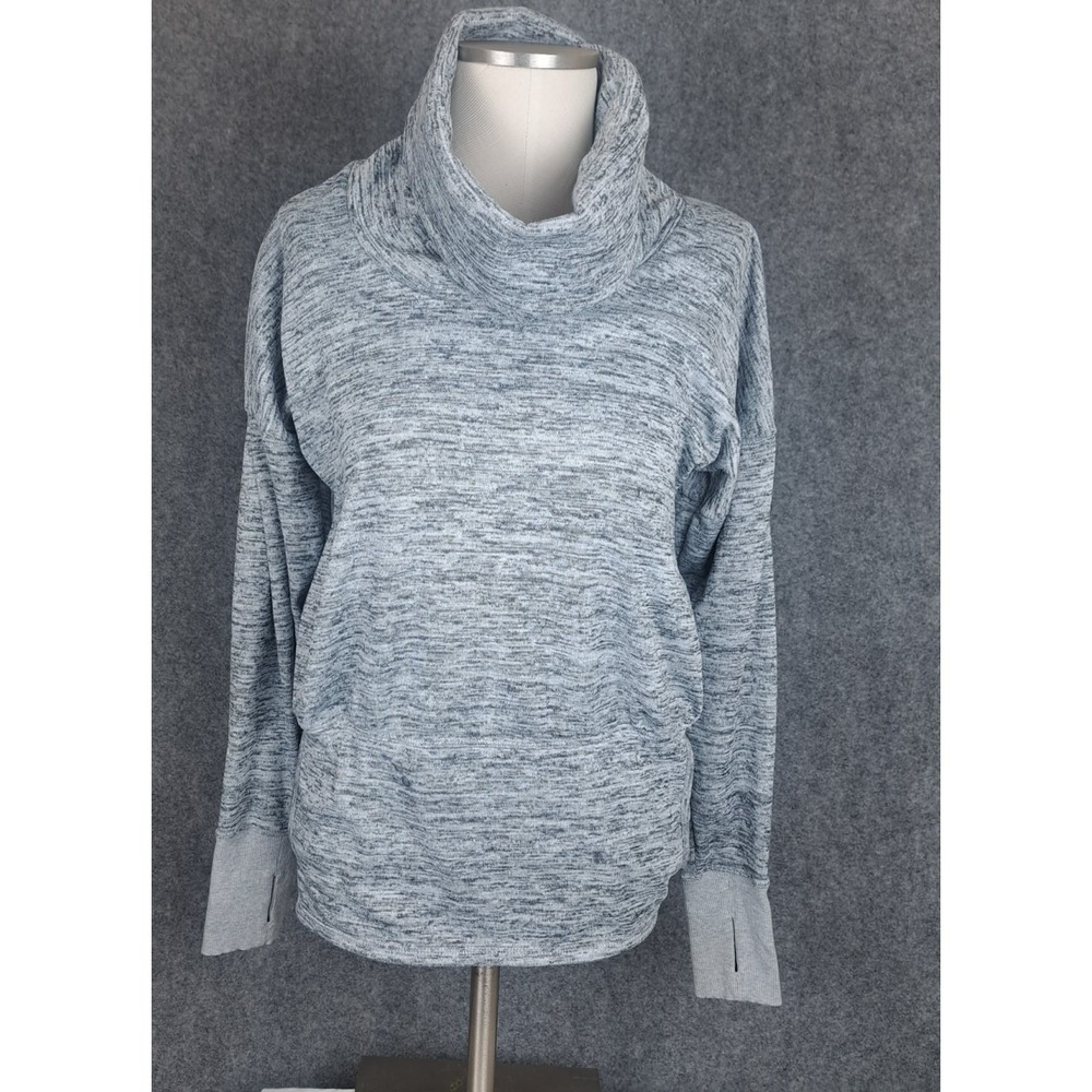 ATHLETA Size S Gray Funnel Cowl Neck Long Sleeve Thumb‎ Holes Kangaroo Pocket
